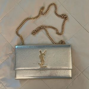 Saint Laurent YSL logo gold metallic Kate purse chain clutch evening bag
